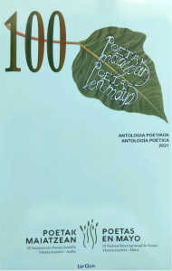 Portada del libro "Poetak Maiatzean" con hoja y número 100.