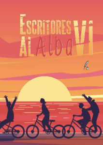 Ilustración de cuatro personas en bicicleta al atardecer.
