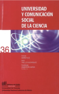 Portada del libro sobre universidad y comunicación científica, en color rojo y azul.