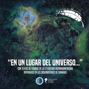 Imagen de un espacio cósmico con galaxias y estrellas, con texto sobre la exploración del universo y.